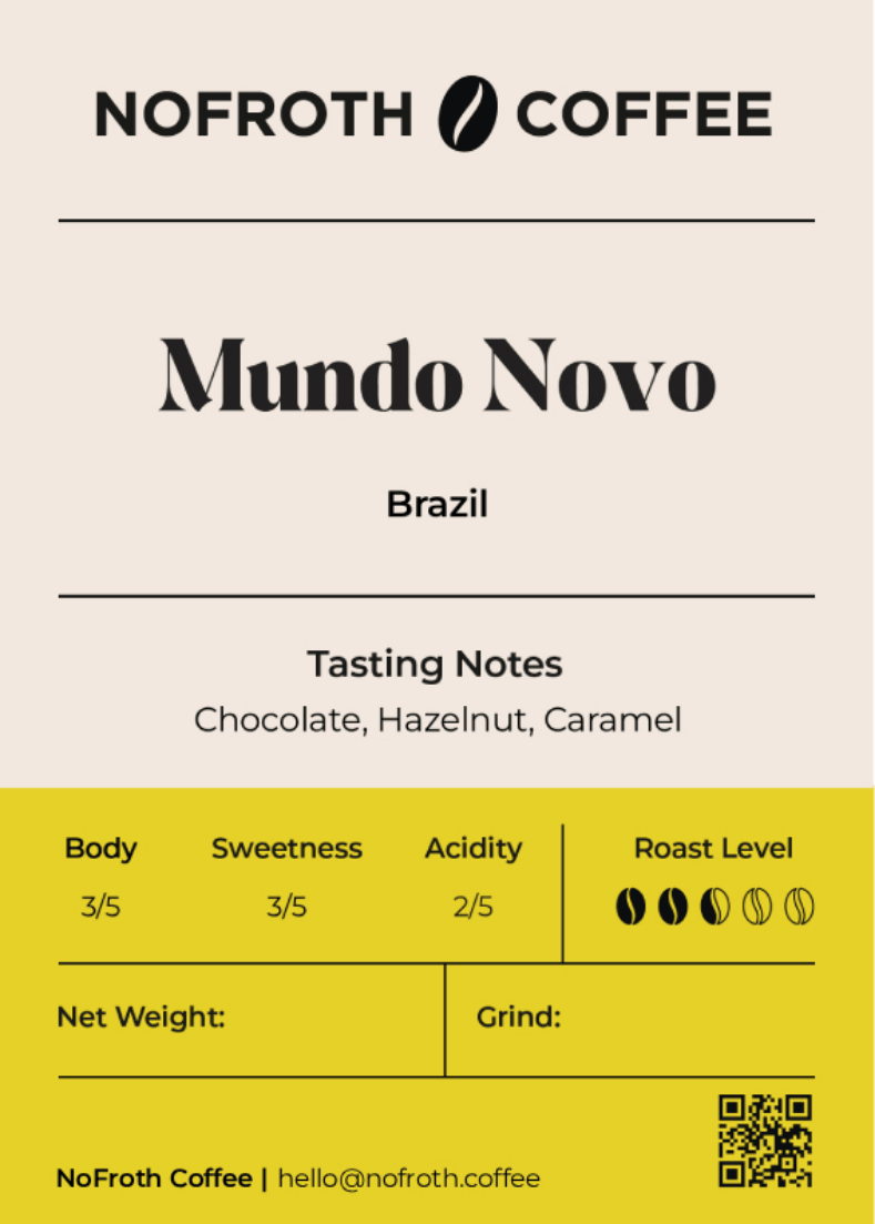 NoFroth Coffee Mundo Novo Brazil coffee label with tasting notes and rating system.