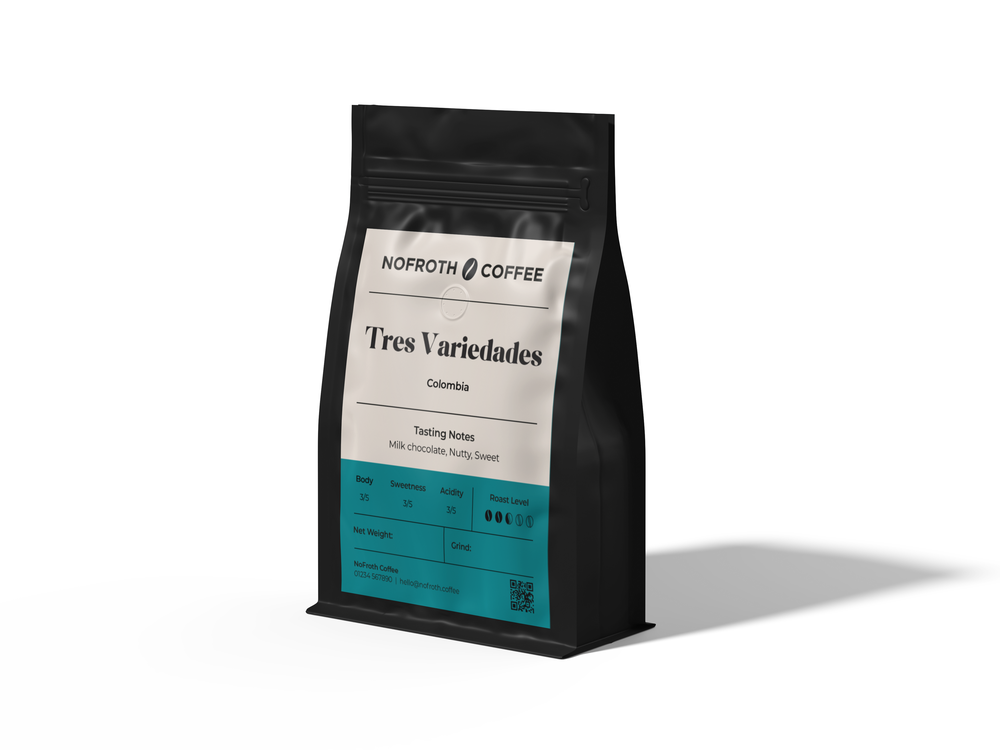 Nofroth Coffee bag labeled 'Tres Variedades' on a white background