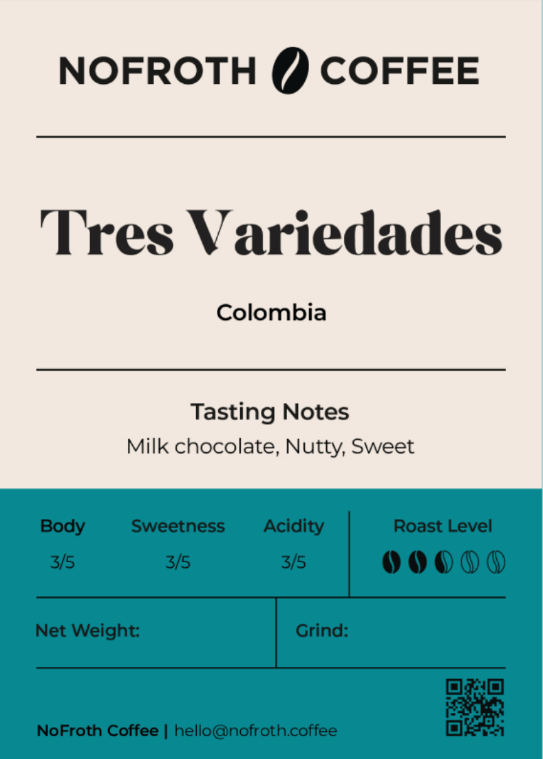 NoFroth Coffee Tres Variedades Colombia coffee package with tasting notes and branding.