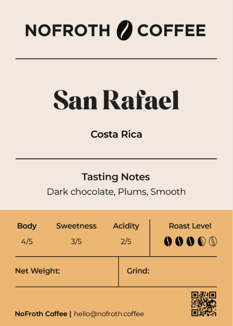 NoFroth Coffee San Rafael coffee label with tasting notes and rating system.