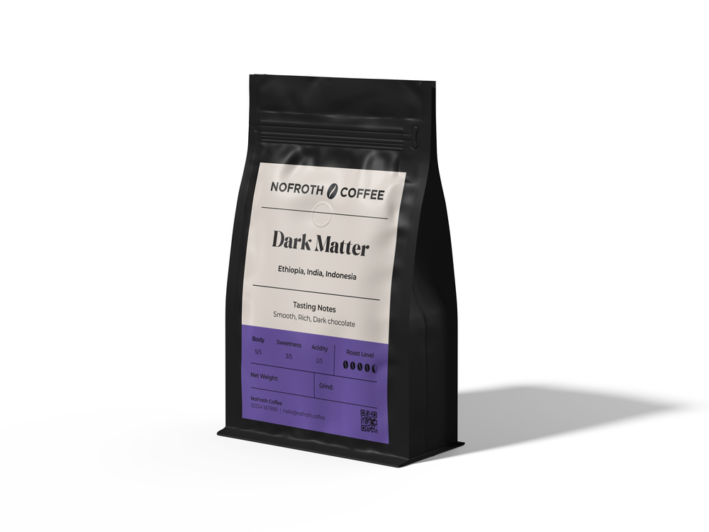Coffee bag labeled 'Dark Matter' by Nofroth Coffee on a white background