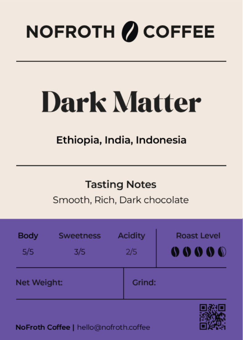 Nofroth Coffee Dark Matter coffee package with tasting notes and branding.