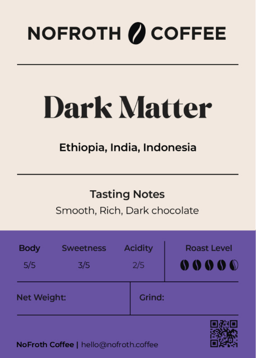Nofroth Coffee Dark Matter coffee package with tasting notes and branding.