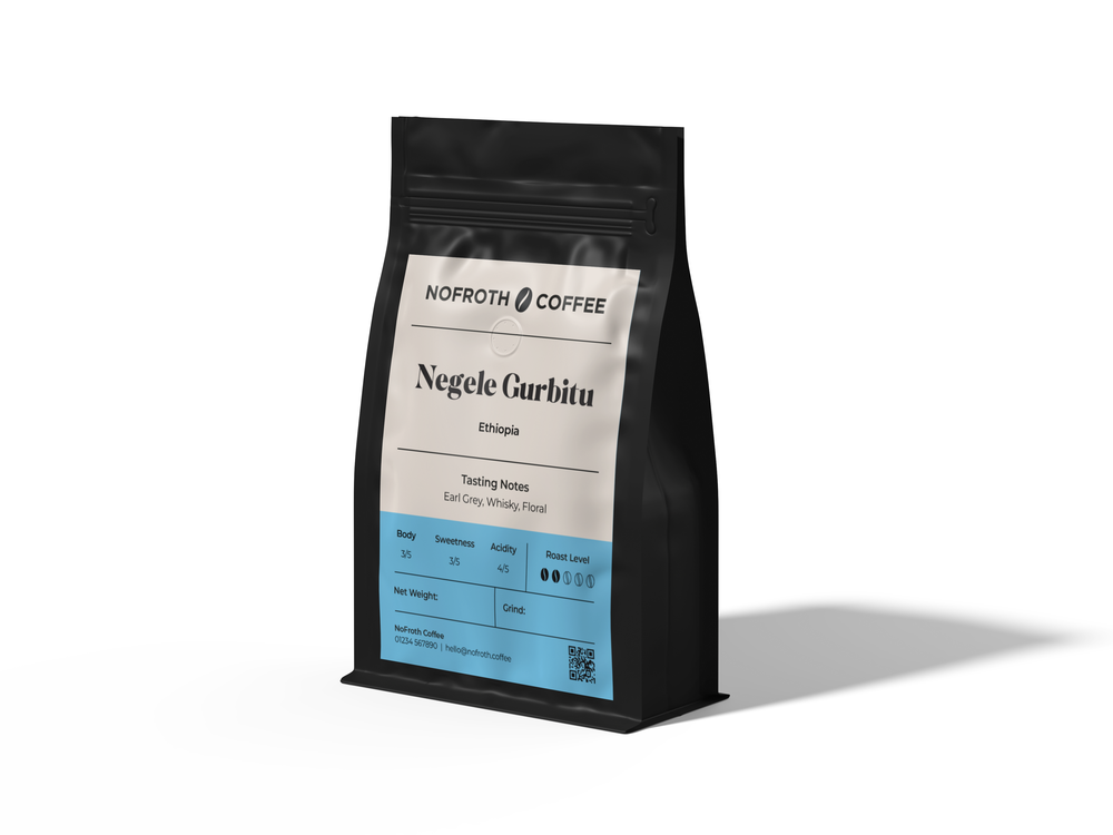 Black coffee bag with a label on a white background