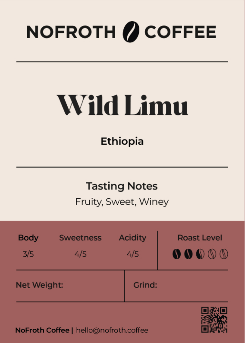 NoFroth Coffee Wild Limu Ethiopia coffee label with tasting notes and branding.