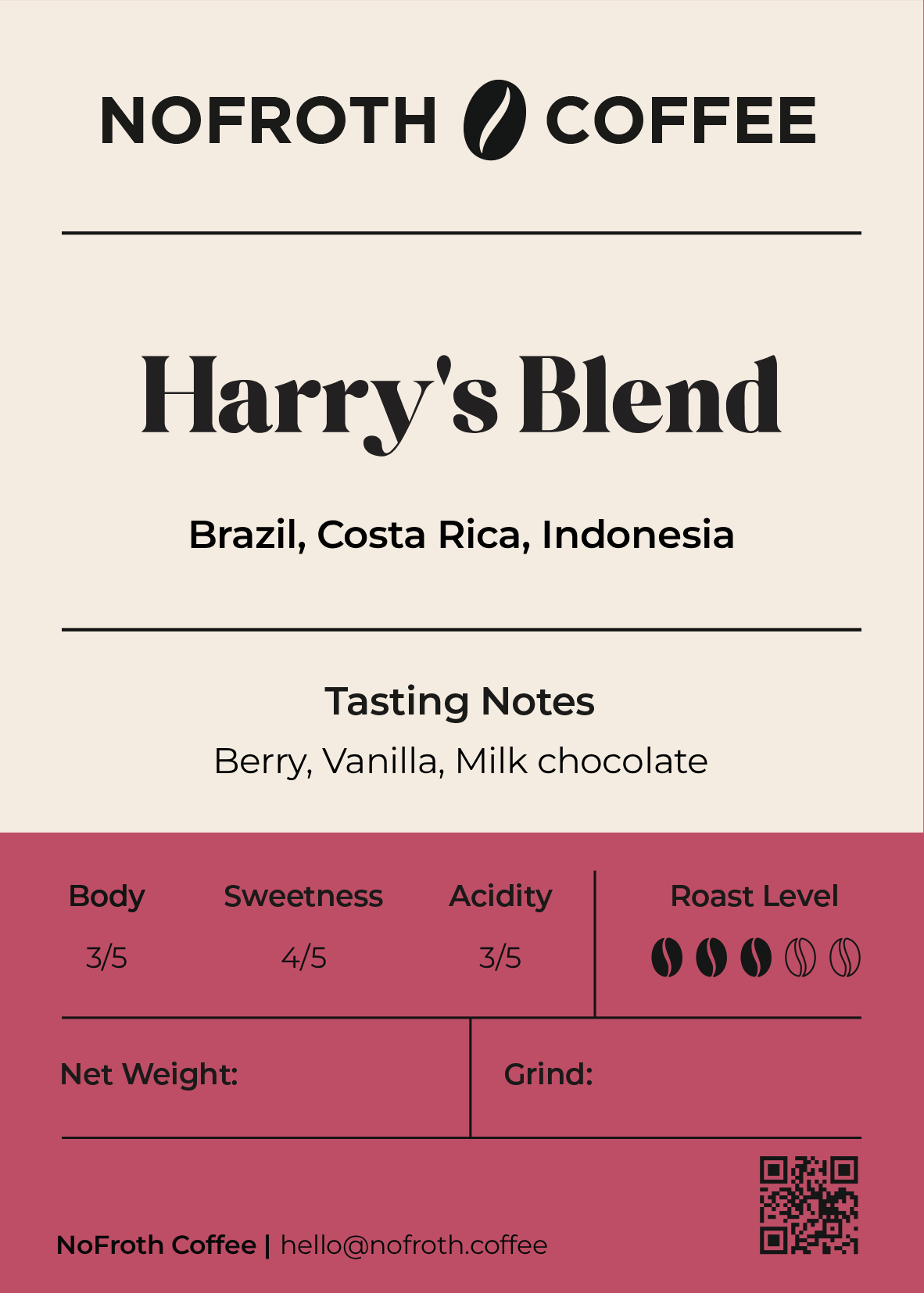 NoFroth Coffee Harry's Blend label with tasting notes and coffee details.