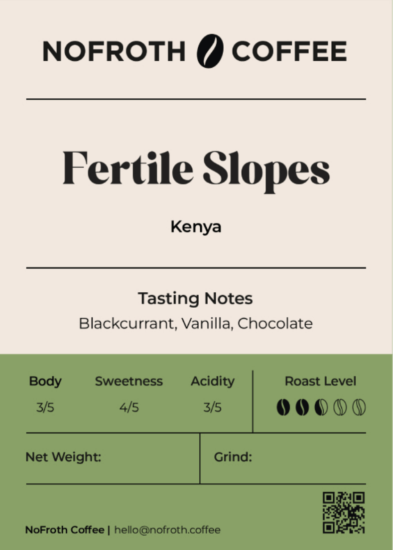 NoFroth Coffee Kenya Fertile Slopes coffee package with tasting notes and branding.