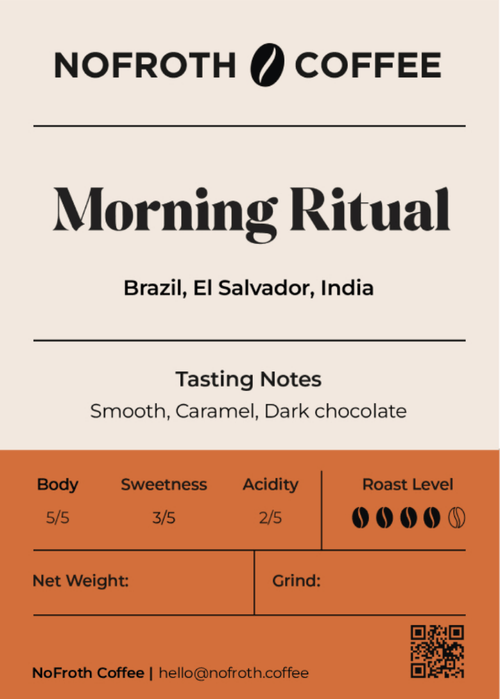 NoFroth Coffee 'Morning Ritual' coffee package with tasting notes and branding.