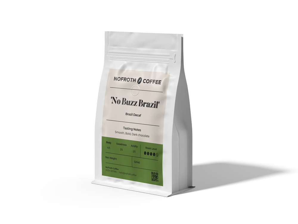 Nofroth Coffee 'No Buzz Brazil' coffee bag on a white background