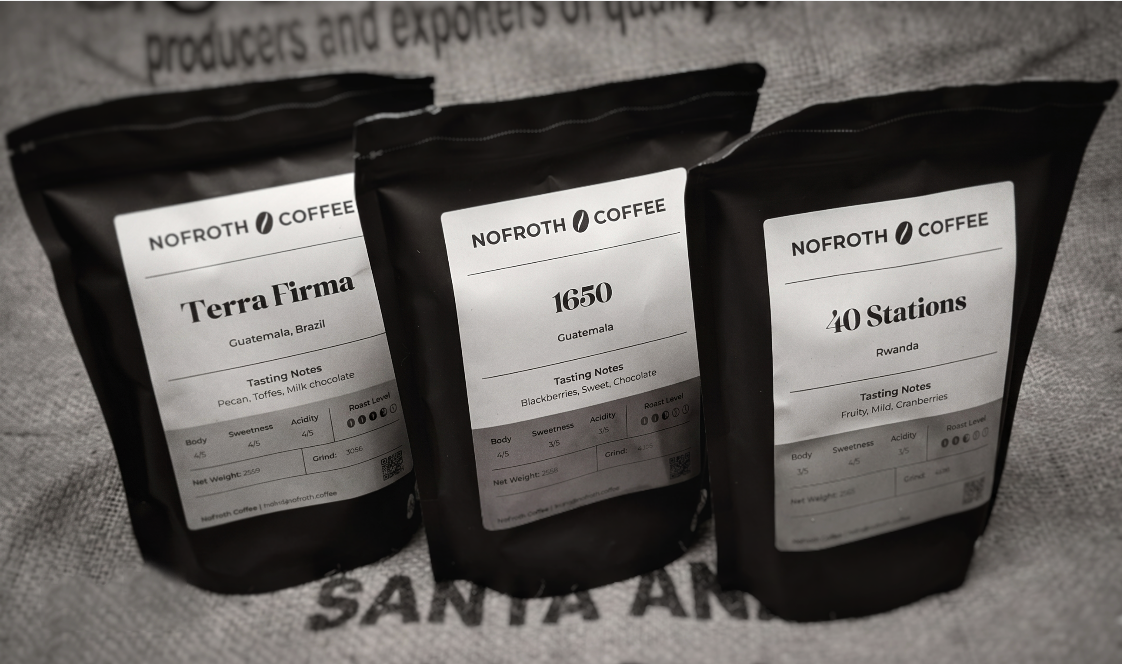 Three black coffee bags from Nofroth Coffee on a textured surface