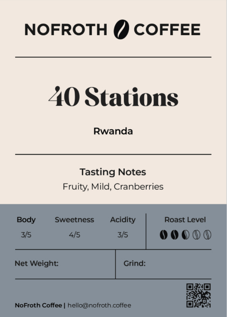 NoFroth Coffee Rwanda 40 Stations packaging with tasting notes and coffee profile.