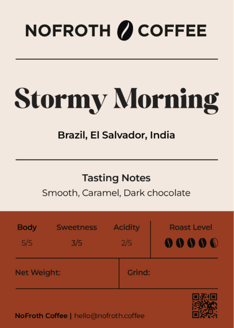 NoFroth Coffee 'Stormy Morning' coffee label with tasting notes and branding.