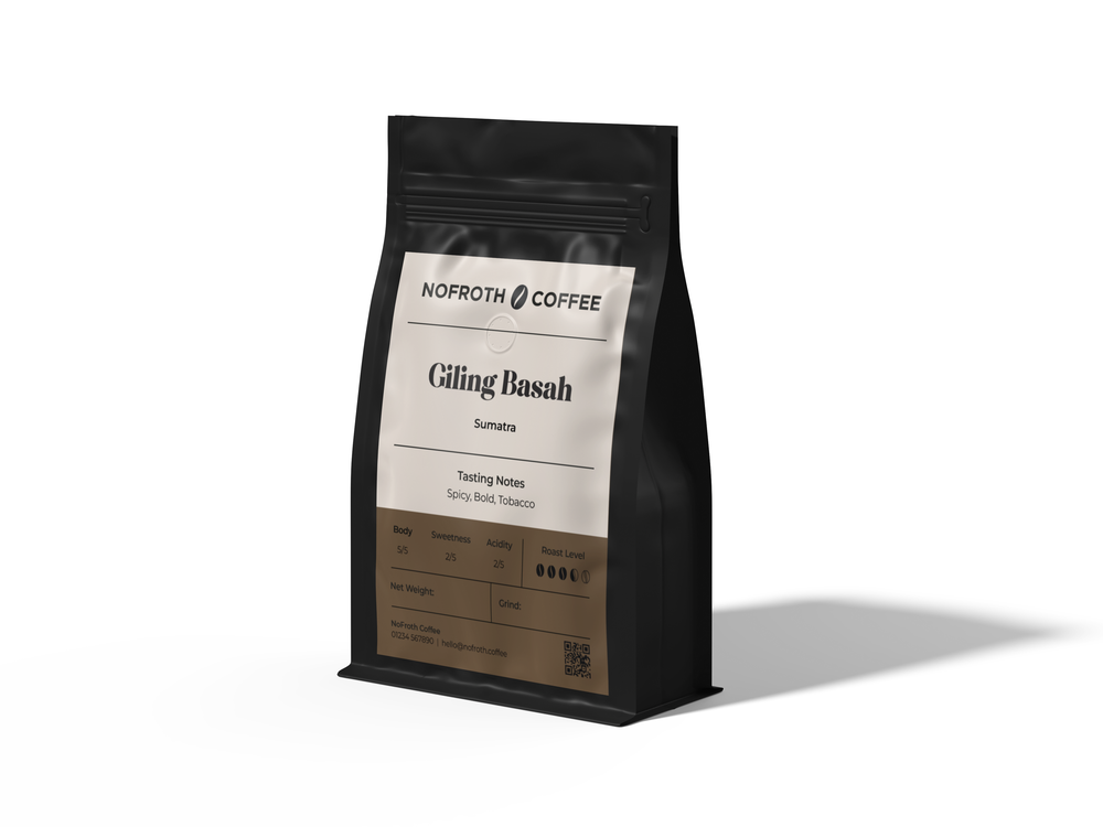 Coffee bag with 'Nofroth Coffee' branding on a white background