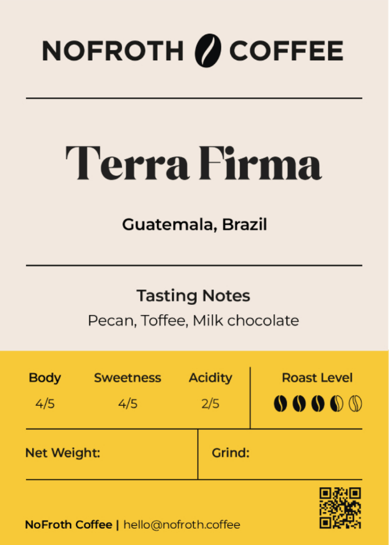 NoFroth Coffee label for 'Terra Firma' coffee from Guatemala and Brazil with tasting notes and coffee profile.