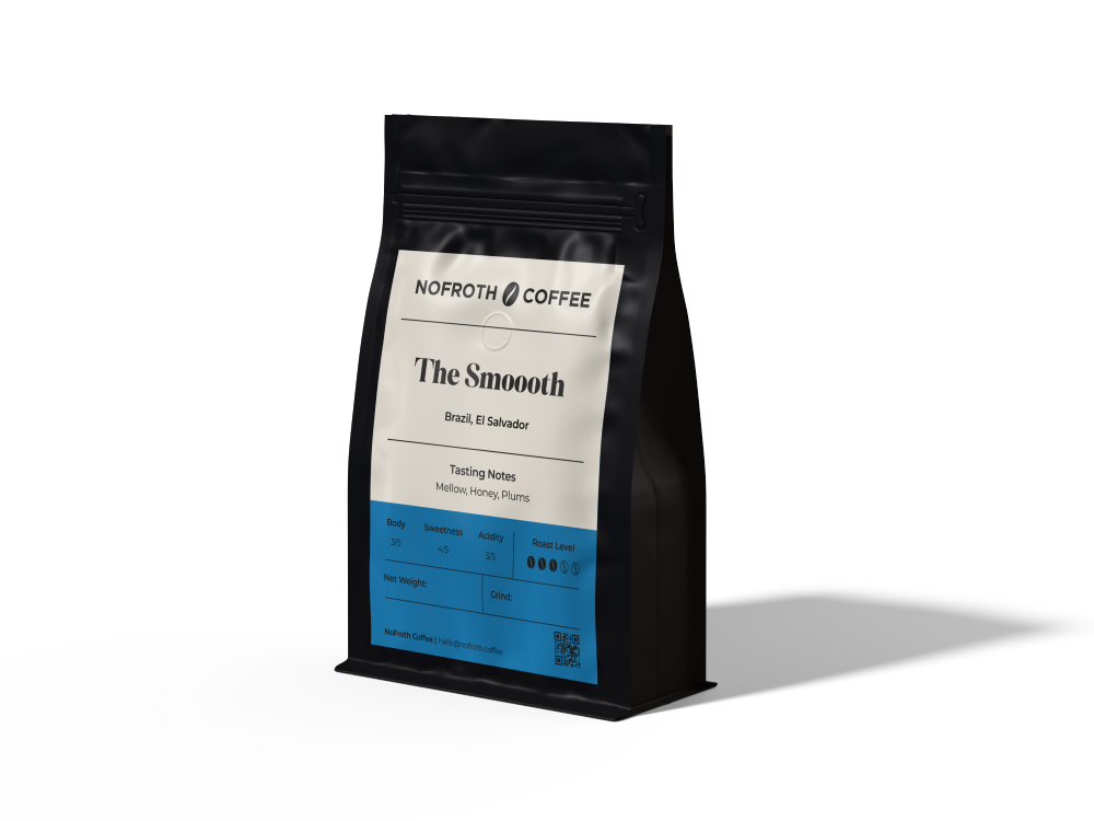 Coffee bag labeled 'The Smooth' by Noffth Coffee on a white background