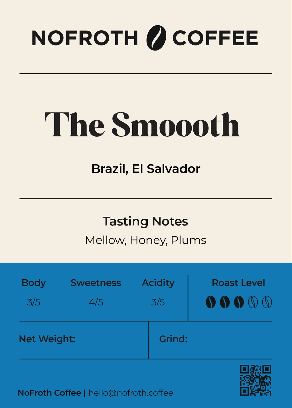 NoFroth Coffee packaging for 'The Smooth' coffee from Brazil, El Salvador with tasting notes and branding.