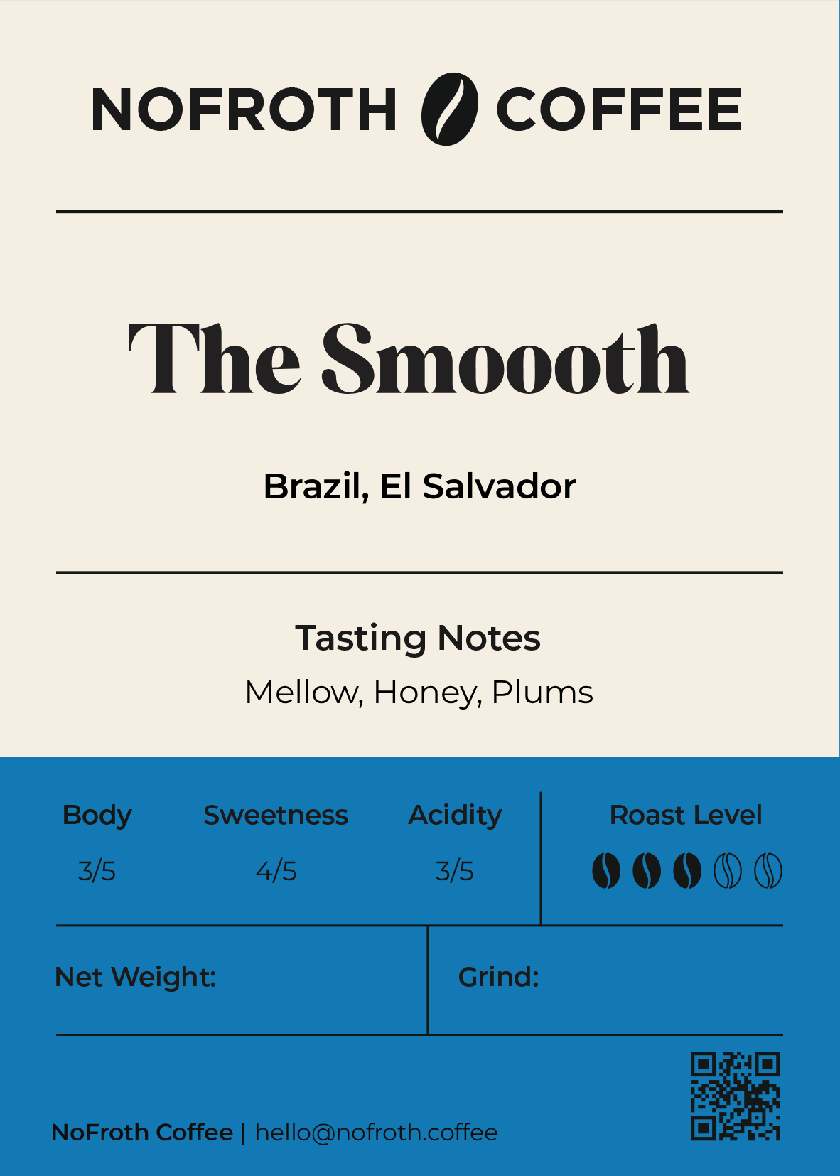 NoFroth Coffee packaging for 'The Smooth' coffee from Brazil, El Salvador with tasting notes and branding.